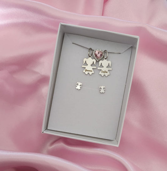 Set due bimbe personalizzate con cuore e orecchini - arento 925