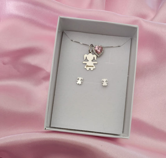 Set con bimba personalizzata con cuore e orecchini - argento 925