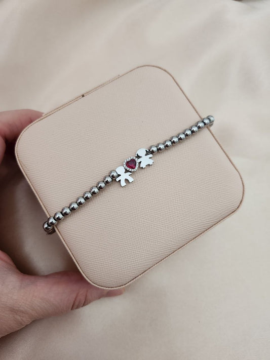 Bracciale perline con due bimbi(maschio e femmina) e cuore rosso
