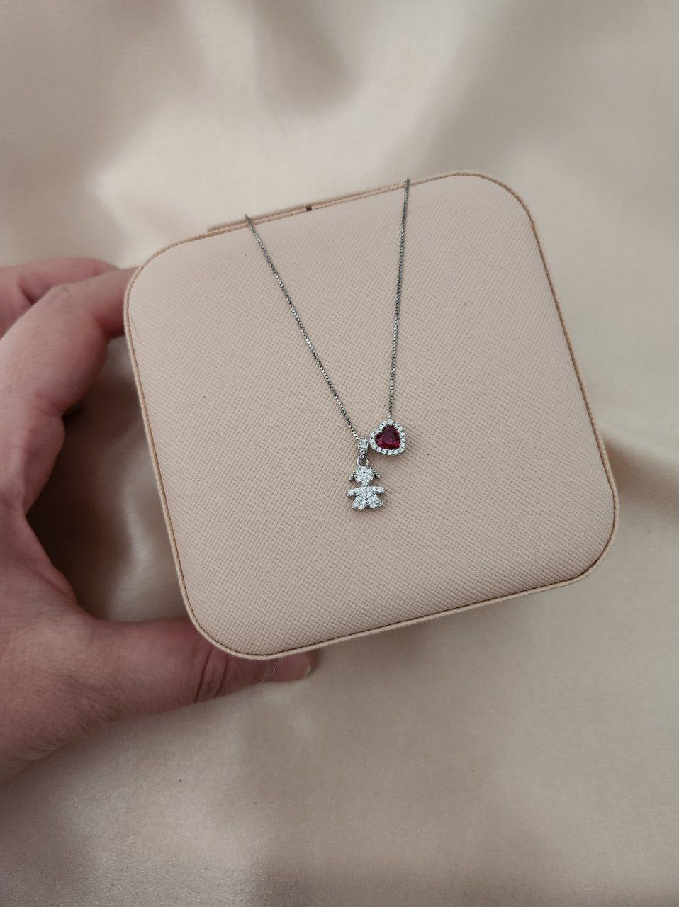 Collana con bimba pendente - cuore rosso    - ARGENTO 925
