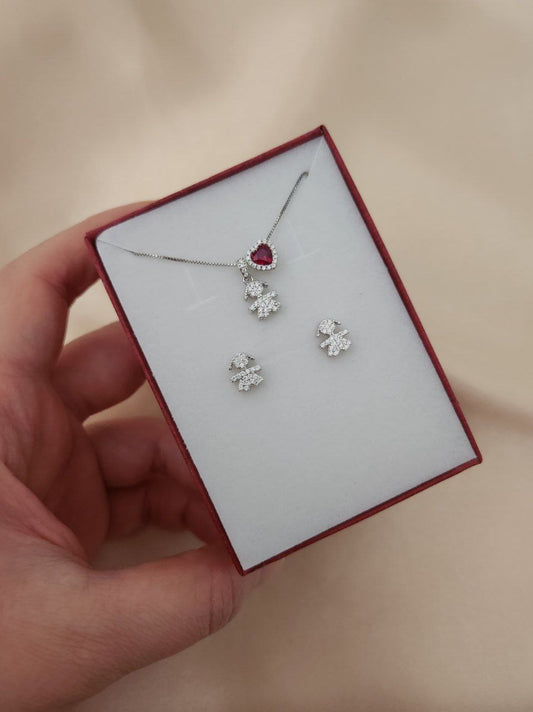 SET: Collana con bimba pendente - cuore rosso + orecchini   - argento 925