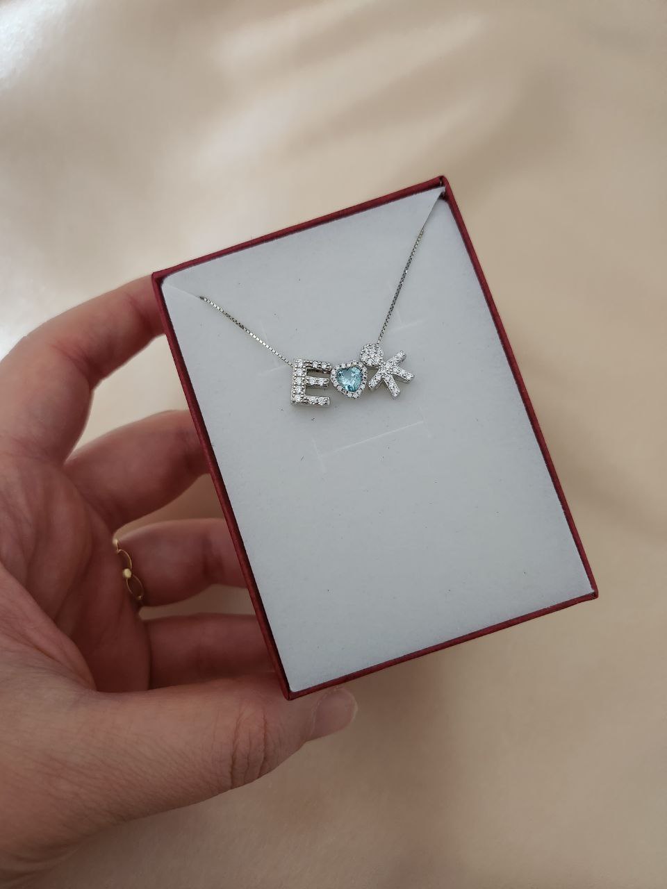 Collana con iniziale da personalizzare + cuore acquamarina+ bimbo- argento 925