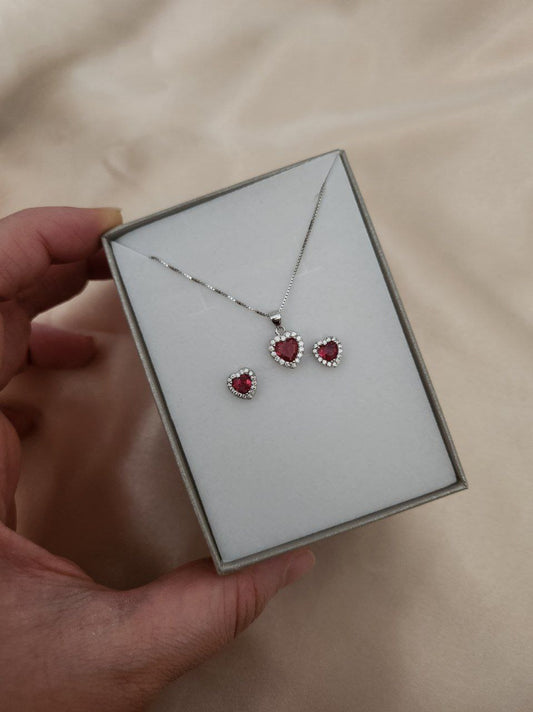 Set: Collana e orecchini con cuore rosso  - argento 925