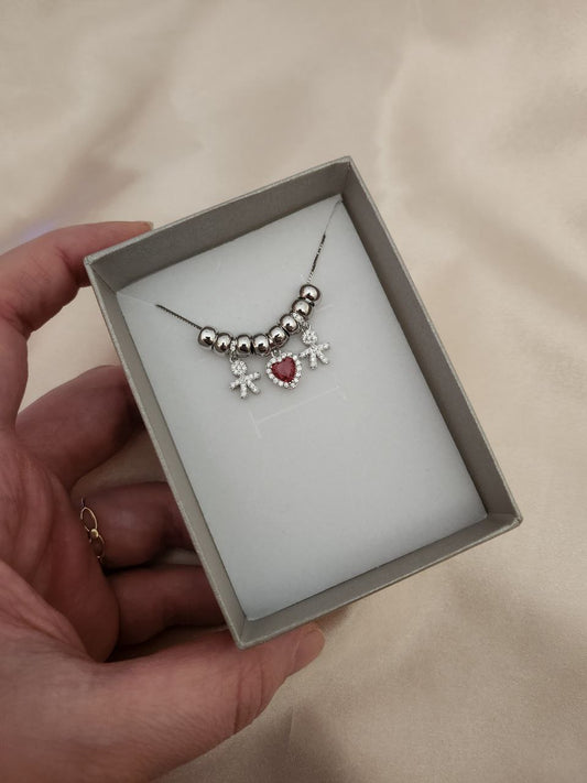 Collana con due bimbi cuore rosso e ciambelline - argento 925