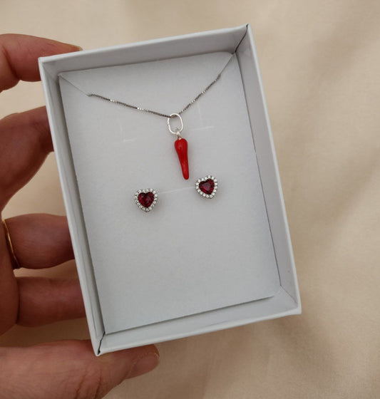 SET: Collana con corno rosso smaltato + orecchini- argento 925