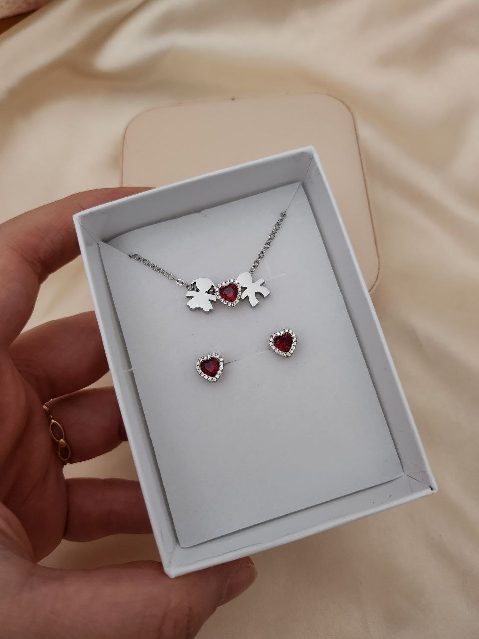 SET:Collana bebé maschio e femmina  con rosso + orecchini - argento 925