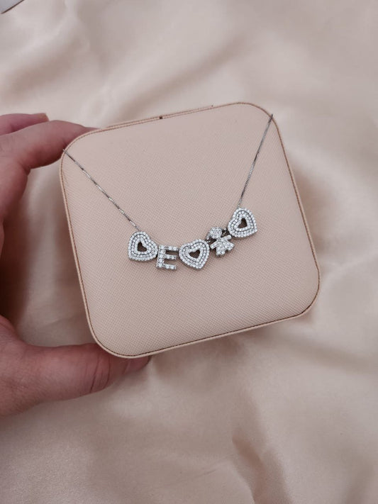 Collana con tre cuori maxi e bimba con iniziale - argento 925