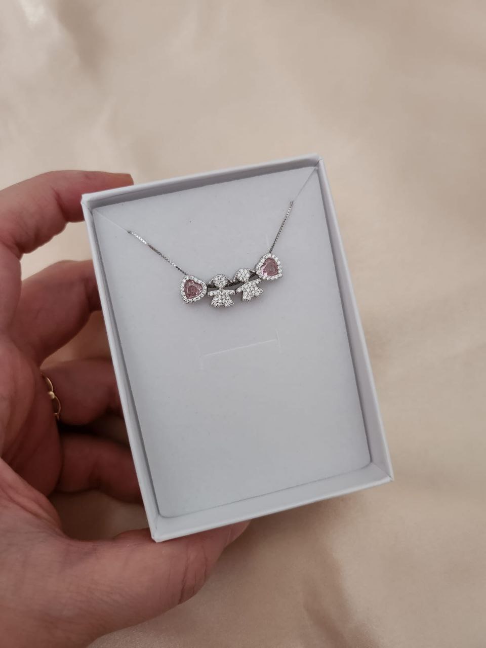 Collana con due cuori rosa e due bimbe  - argento 925