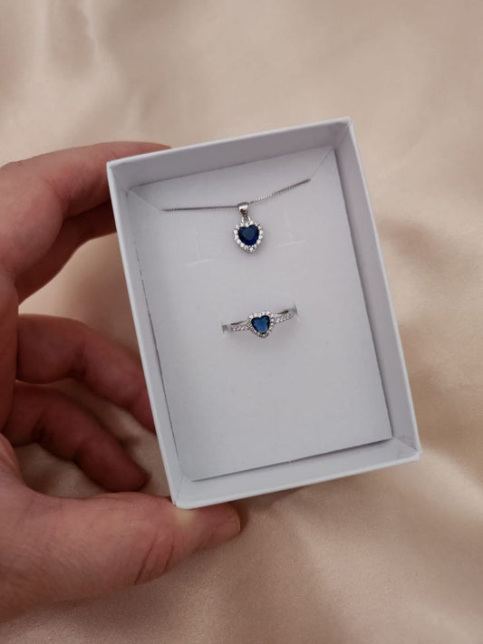 Set:Collana con cuore blu e anello -  argento 925