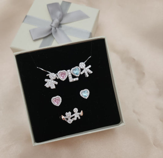 SET: Collana con due bimbi + due cuori + iniziale e orecchinicuore  alternati con anello baby coppia - argento 925