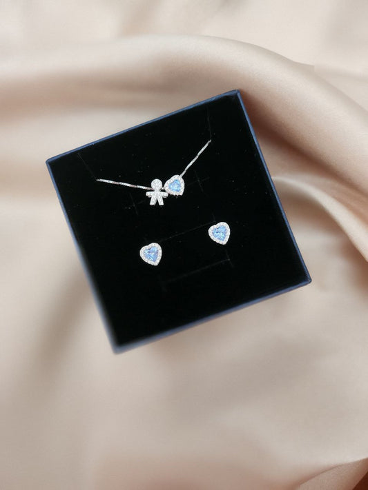 SET:collana bimbo passante e cuore azzurro + orecchini - argento 925