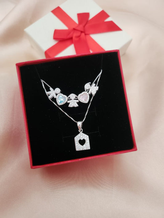 Collana due fili con tre bimbi , due cuori e casetta - argento 925