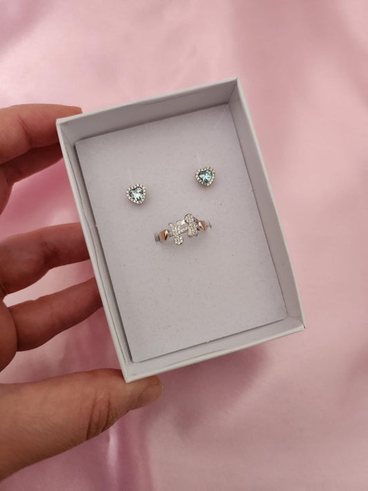 Set con orecchini  acquamarina e anello baby coppia - argento 925