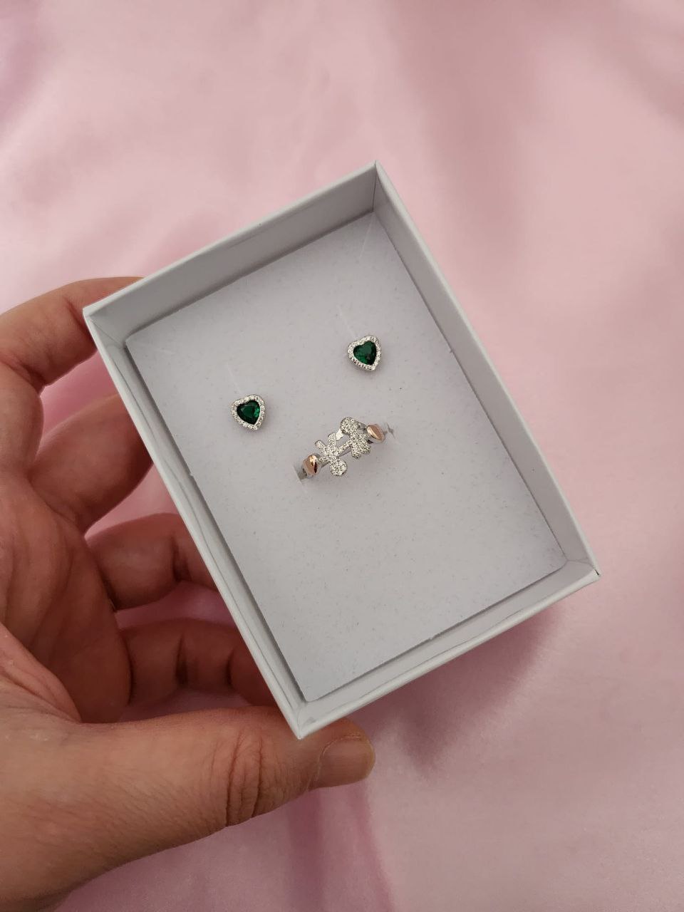 Set con orecchini verdi e anello baby coppia - argento 925