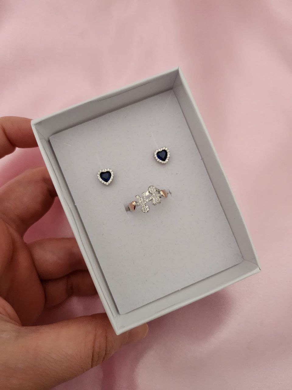 Set con orecchini blu  e anello baby coppia - argento 925