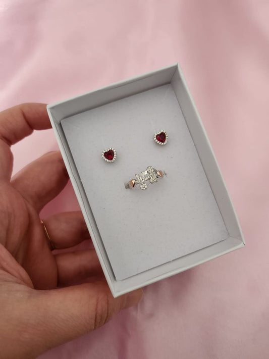 Set con orecchini rossi  e anello baby coppia - argento 925