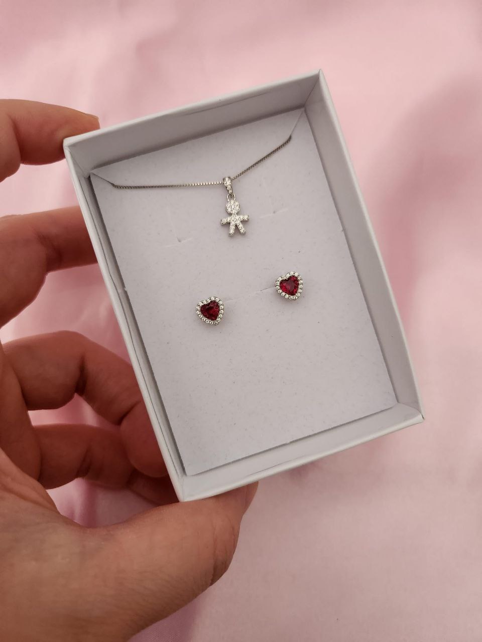 Set:collana con bimbo  e orecchini cuore rosso - argento 925