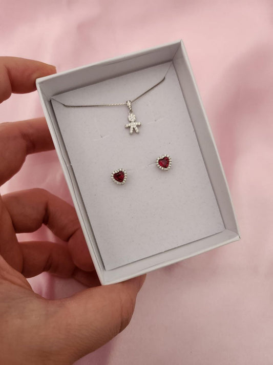 Set:collana con bimbo  e orecchini cuore rosso - argento 925
