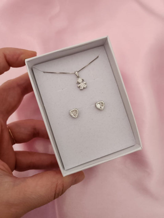 Set:collana con bimba  e orecchini cuore bianco- argento 925