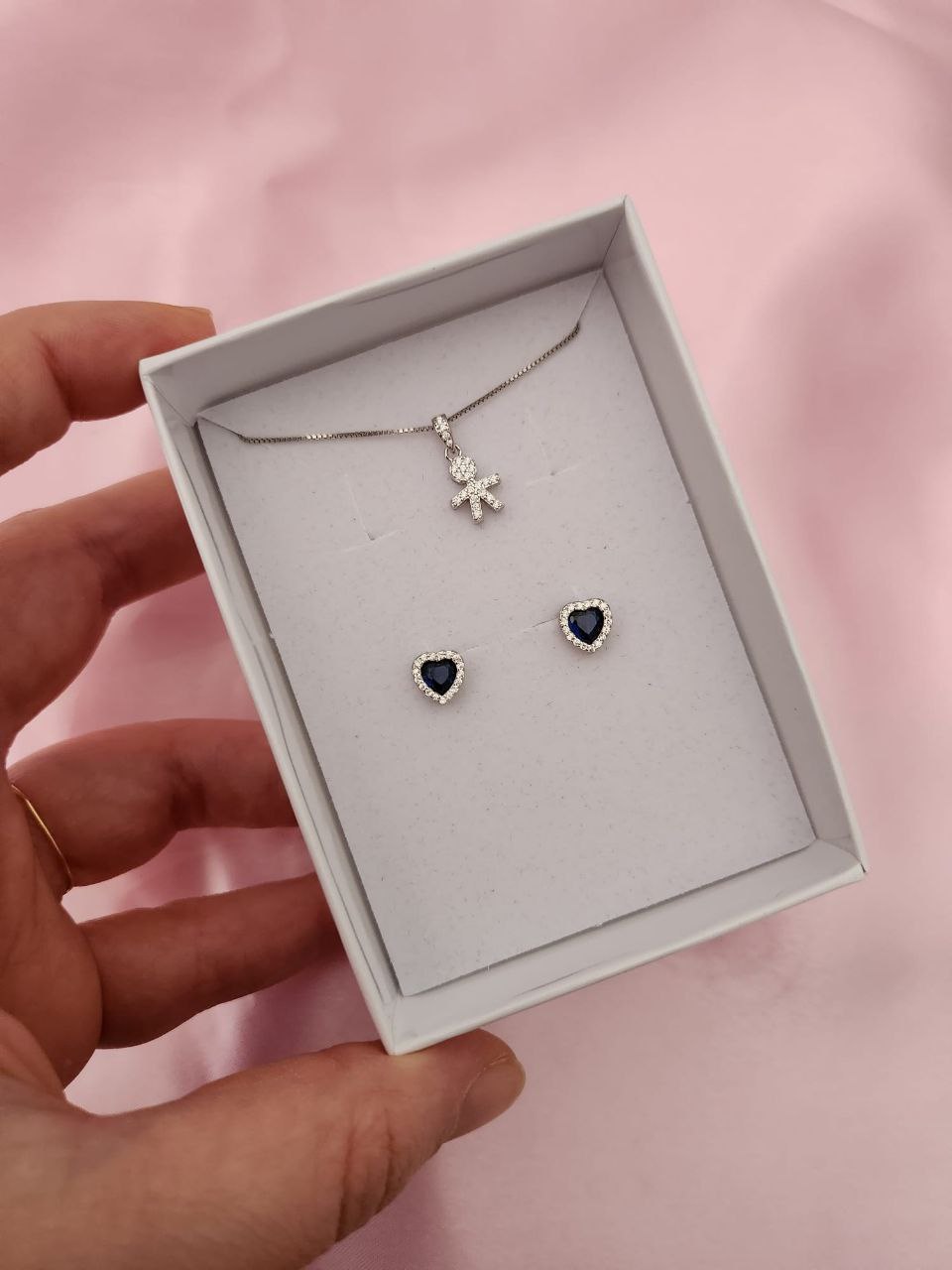 Set:collana con bimbo  e orecchini cuore blu - argento 925