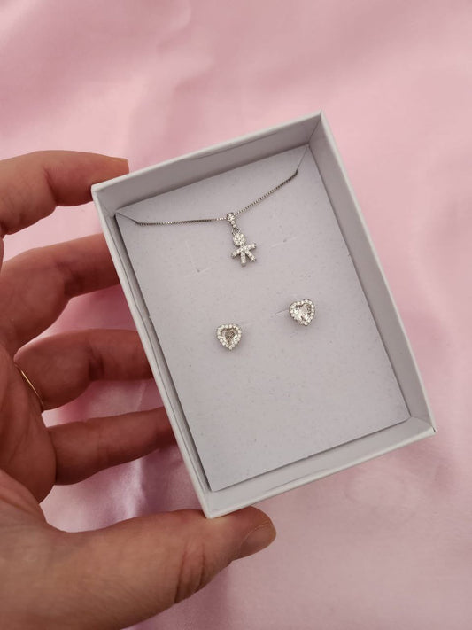 Set:collana con bimbo  e orecchini cuore bianco - argento 925