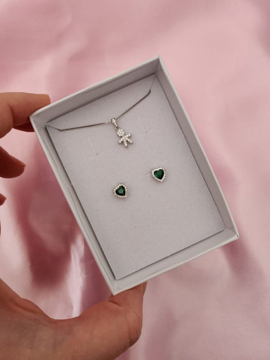 Set:collana con bimbo  e orecchini cuore verde - argento 925