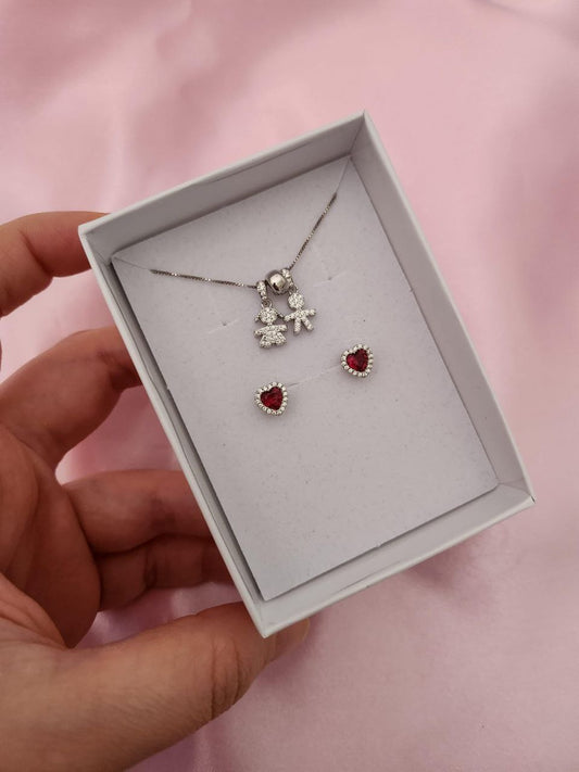 Set:  collana bimbi e orecchini cuore rosso   - argento 925