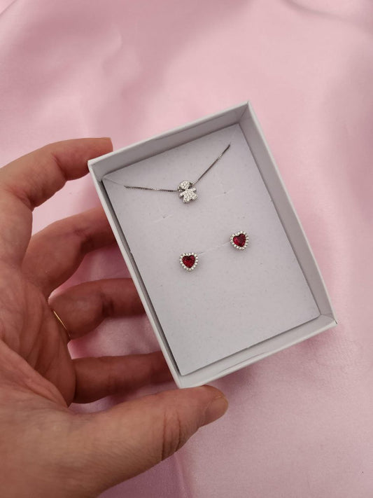 Set:  collana bimba passante  e orecchini cuore rosso   - argento 925