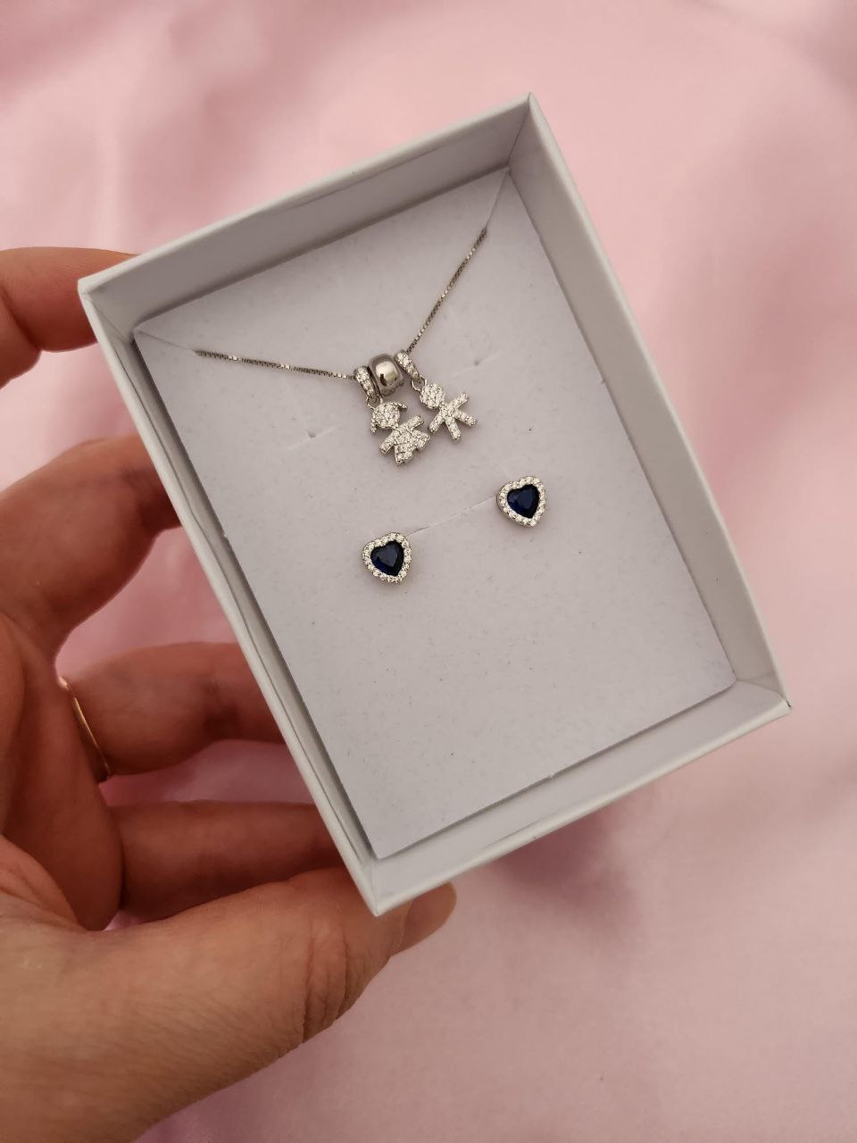 SET: collana con due bimbi pendenti  e  orecchini blu  - argento 925