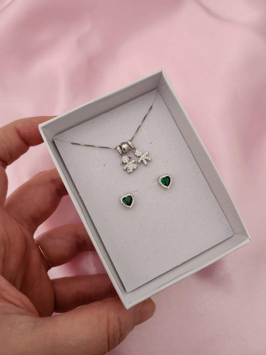 SET: collana con due bimbi pendenti  e  orecchini verdi  - argento 925