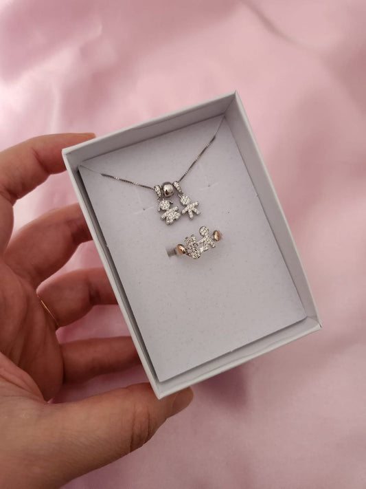SET: collana con due bimbi pendenti  e  anello    - argento 925
