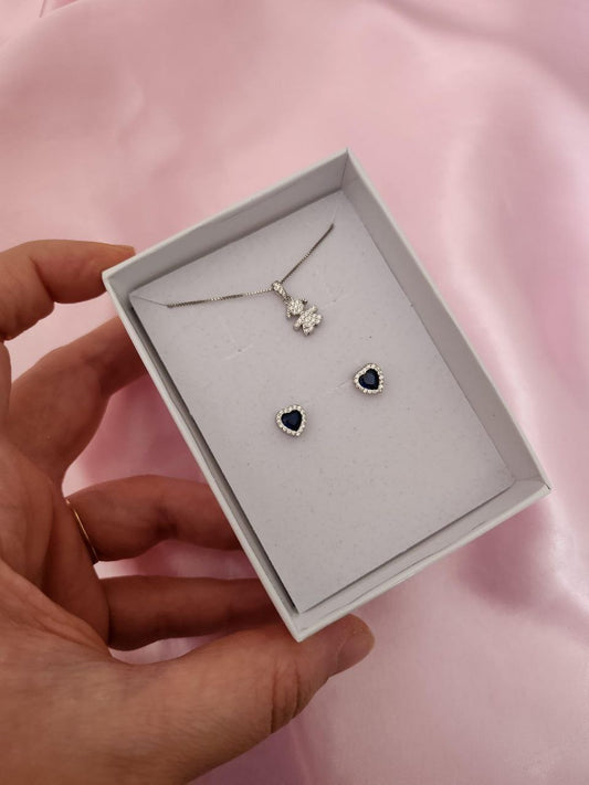 Set:collana con bimba  e orecchini cuore blu- argento 925
