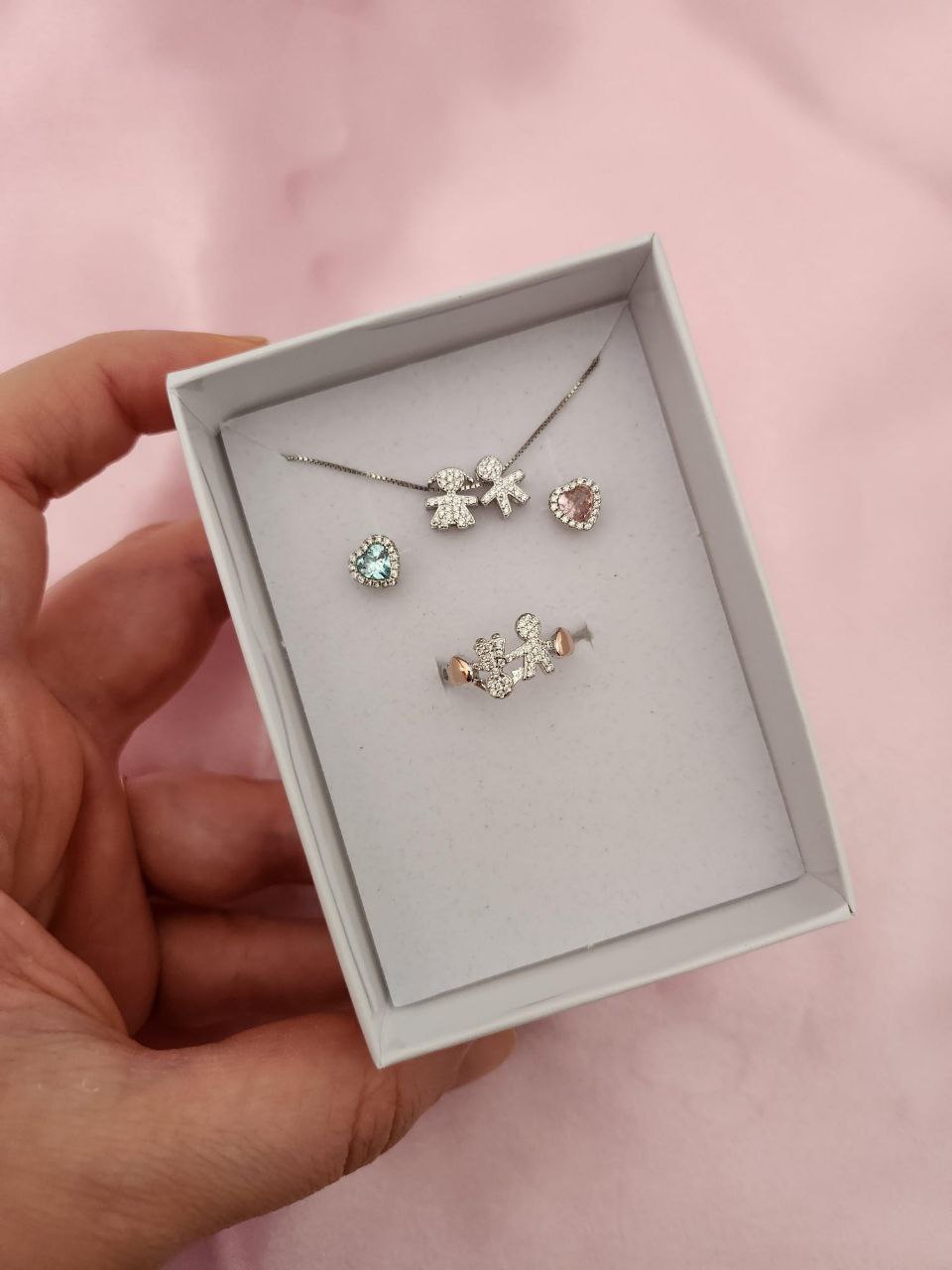 SET: collana con due bimbi passanti e orecchini cuori alternati +  con anello    - argento 925
