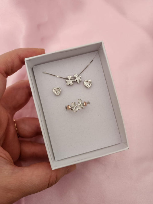 SET: collana con due bimbi passanti e orecchini cuore bianco +  con anello    - argento 925