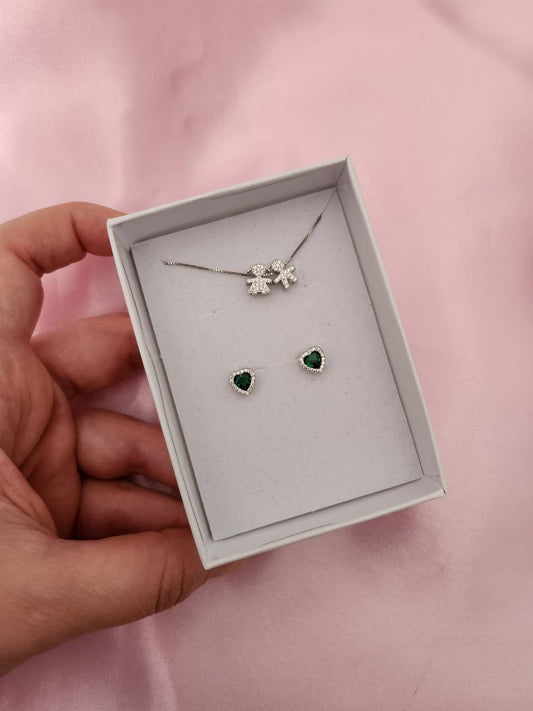collana con due bimbi passanti e orecchini cuori verdi    - argento 925
