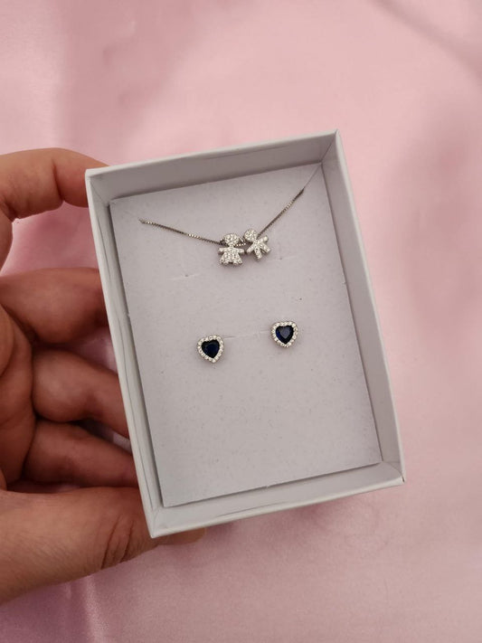 collana con due bimbi passanti e orecchini cuori blu     - argento 925