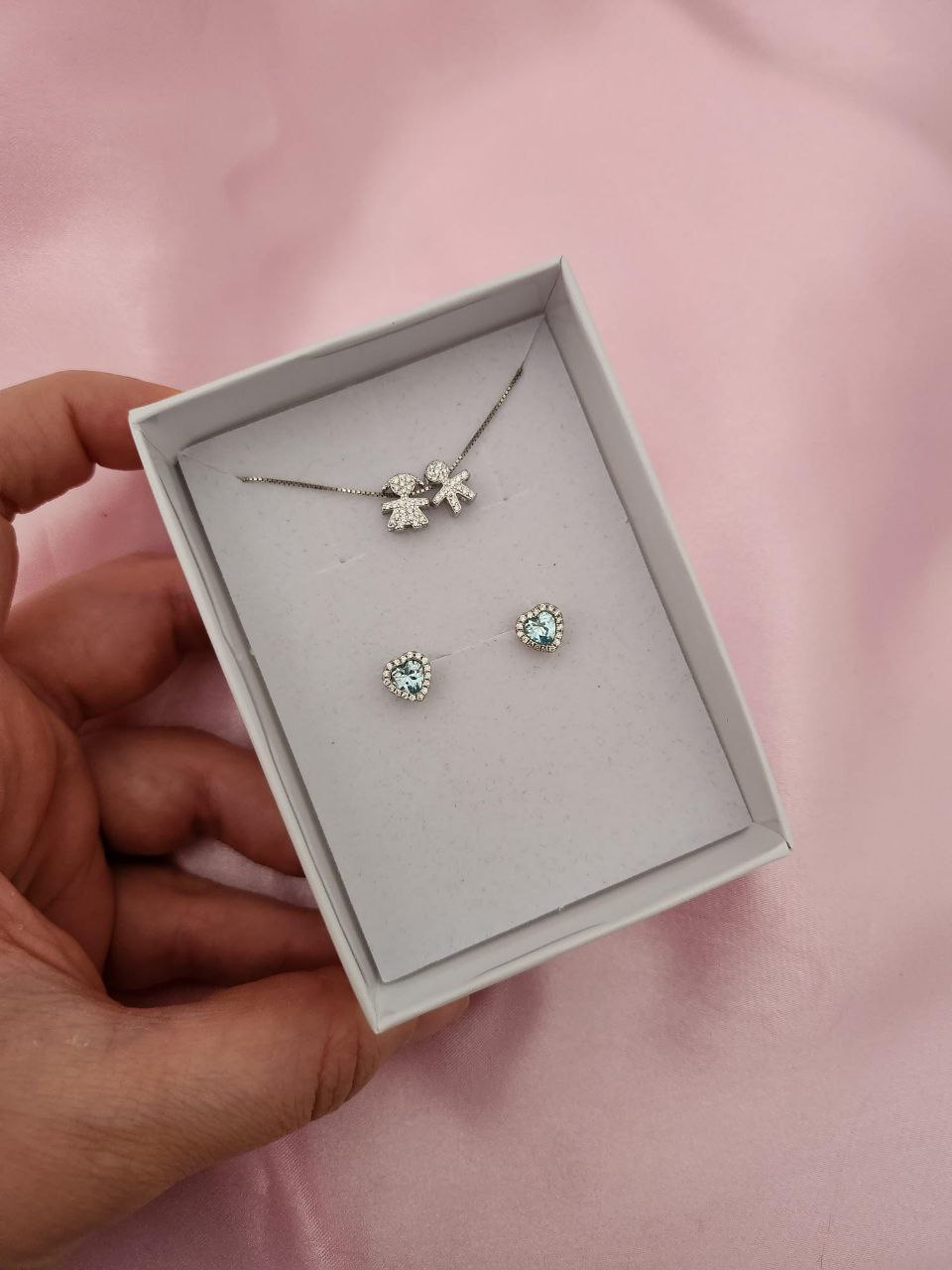 collana con due bimbi passanti e orecchini cuori acquamarina     - argento 925
