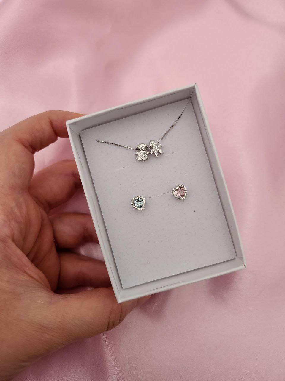 collana con due bimbi passanti e orecchini cuori alternati     - argento 925