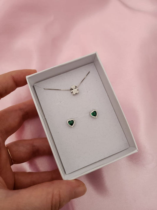 Set:  collana bimba passante  e orecchini cuore verde    - argento 925