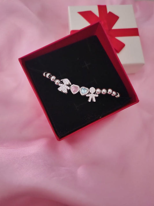 Bracciale baby con bimba e bimbo con cuori acquamarina e rosa - argento 925