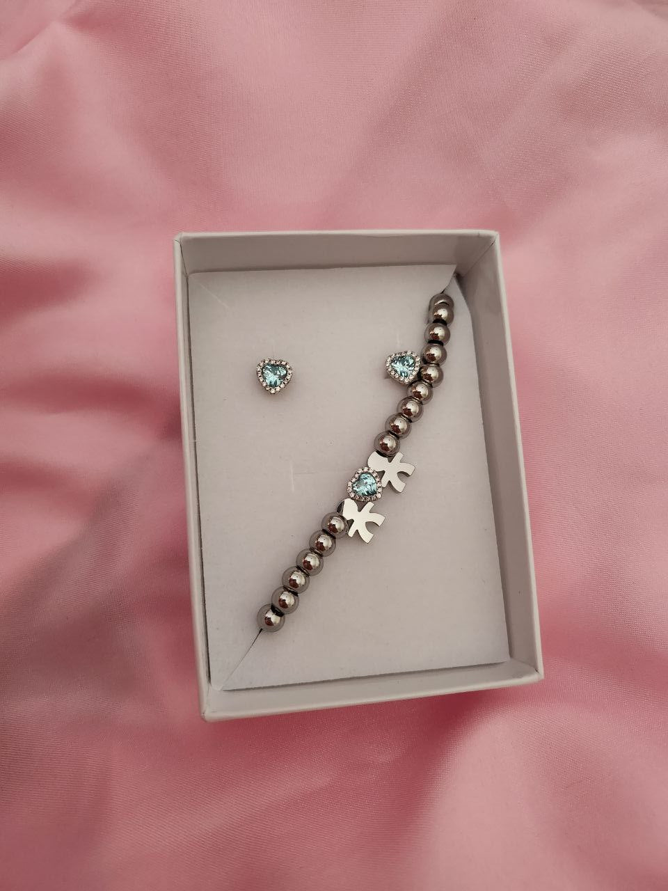 Set bracciale con due bimbi e cuore acquamarina + orecchini