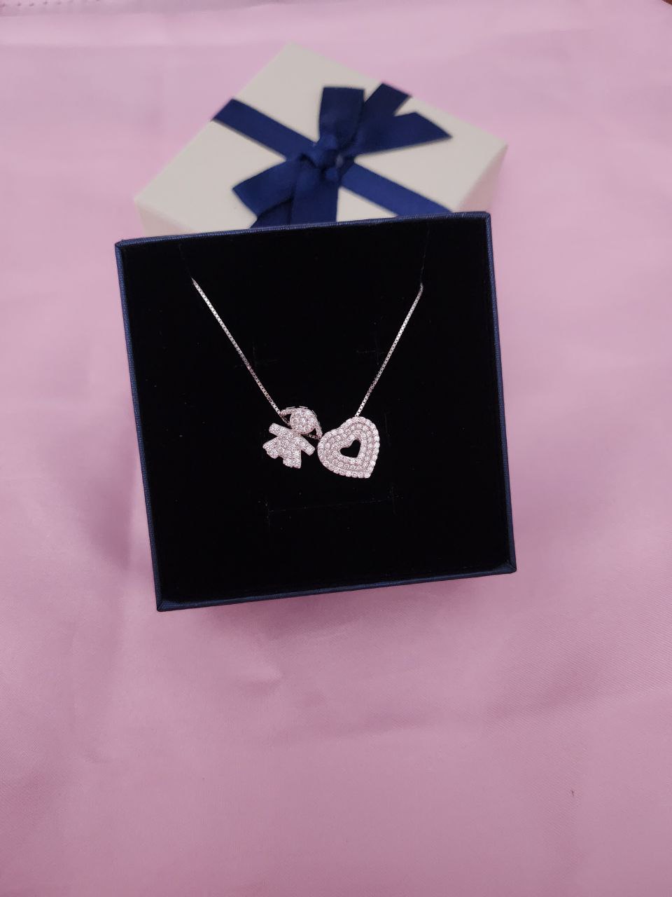 Collana con bimba + cuore bianco zirconato - argento 925