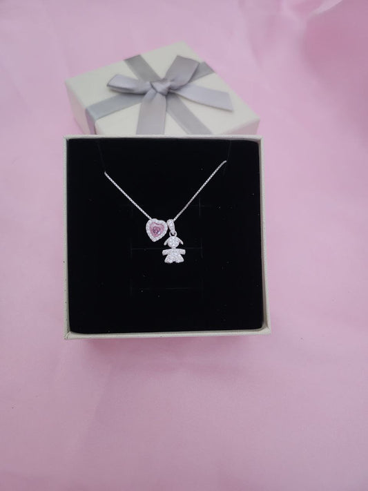 Collana con bimba pendente e cuore rosa - argento 925