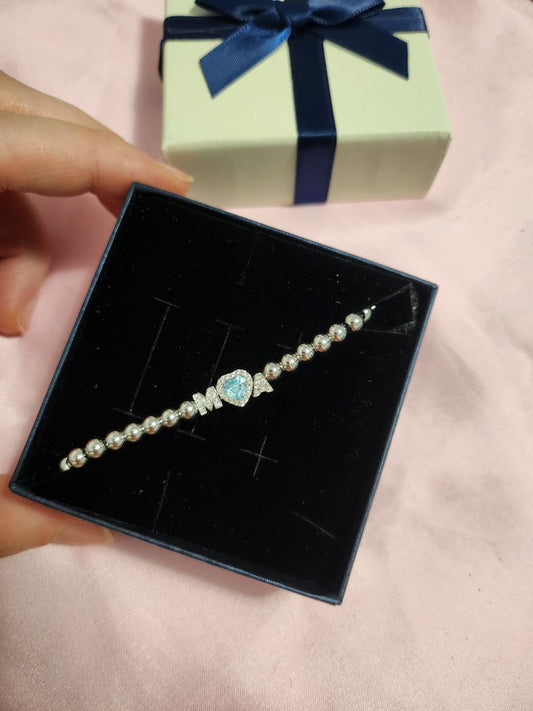 Bracciale con due iniziali e cuore acquamarina - argento 925