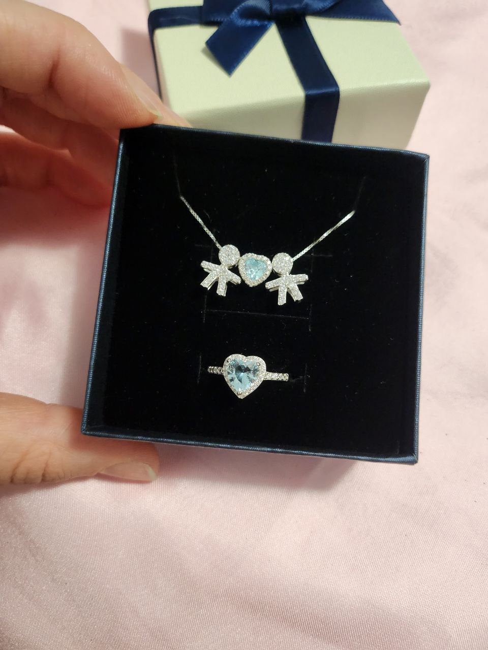 Set : collana due bimbi con cuore acquamarina e anello acquamarina- argento 925