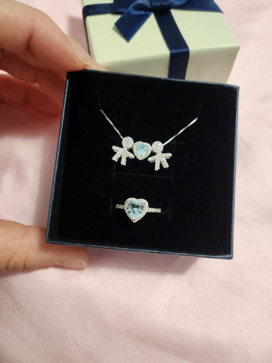 Set : collana due bimbi con cuore acquamarina e anello acquamarina- argento 925