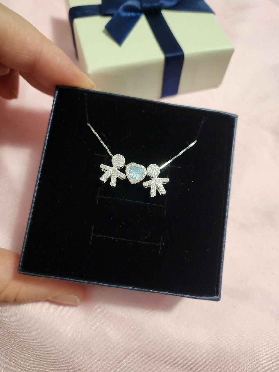 Collana con due bimbi e cuore acquamarina - argento 925