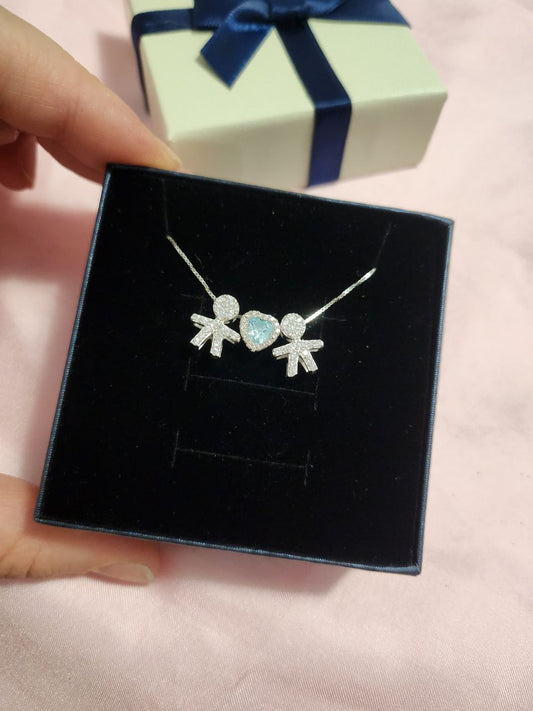 Collana con due bimbi e cuore acquamarina - argento 925