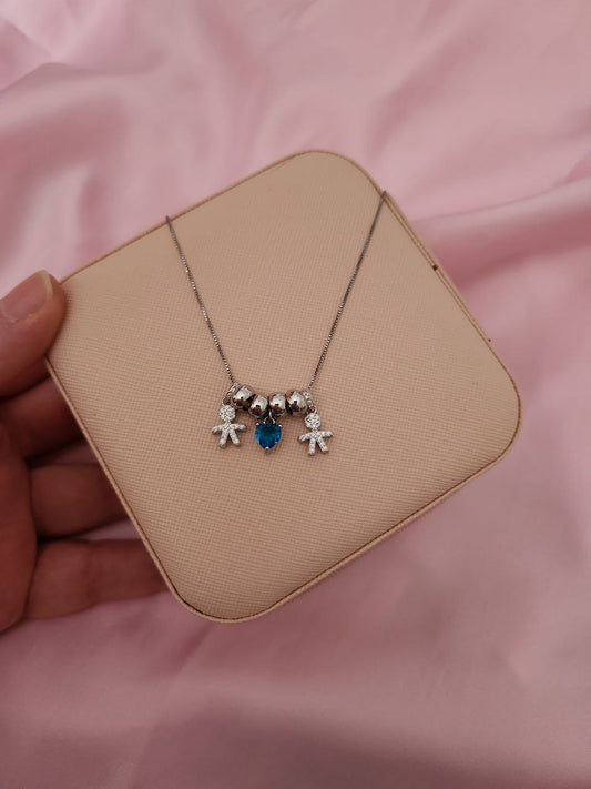 Collana con due bimbi e cuore azzurro pendente - argento 925