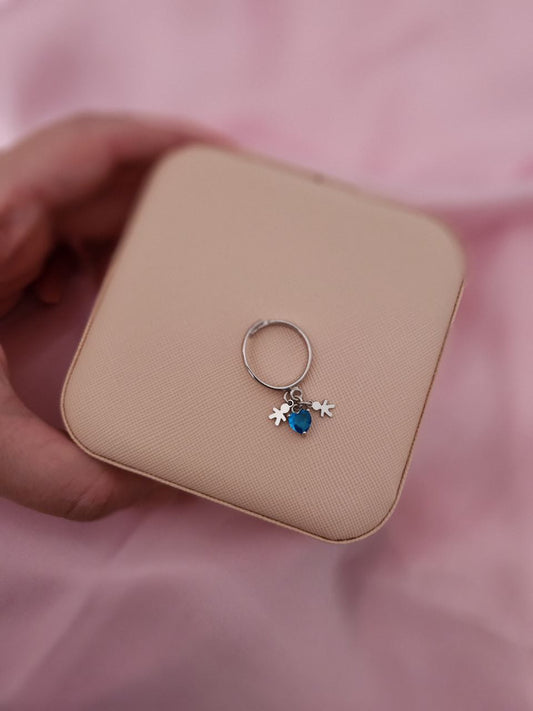 Anello con pendenti:  cuore blu  e 2  bimbi- argento 925